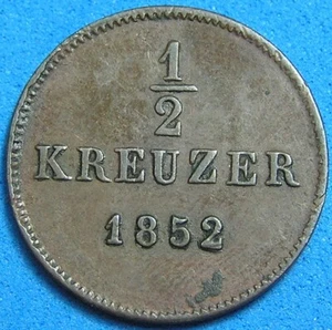Germany Wurttemberg 1/2 Kreuzer Coin 1852, Free shipping Additional Purchases - Picture 1 of 2