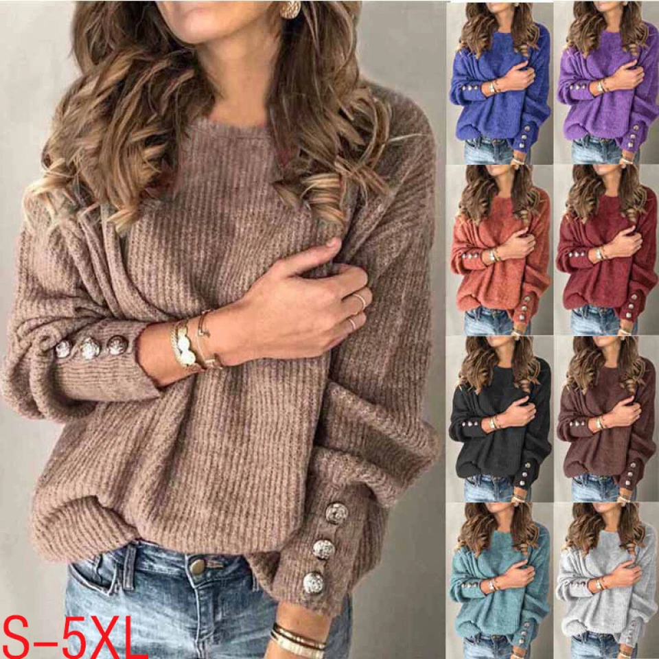 Womens Long Sleeve Ladies Basic Knitted Sweatshirt Blouse Tee Loose Jumper Tops - Image 1 of 4