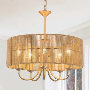 Bauernhaus Rattan Trommel Kronleuchter für Esszimmer 5-flammig Gold Boho Hängelampe Ha... - Bild 1 von 9