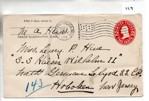 United States (119) Postal Stationery 1914 - pmk Gt Barrington to SS Kaiser W'm - Picture 1 of 1