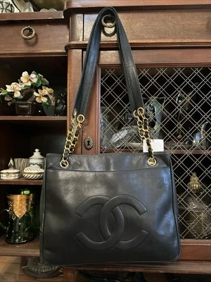 Authentic Chanel Black Lambskin Leather Tote CC Logo Gold Chain Shoulder Bag - Image 1 of 4