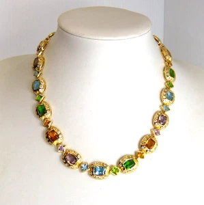 Large & Impressive Sterling Silver & Gold Vermeil Multi Gem Necklace Estate Find - Picture 1 of 12