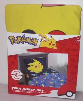 POKEMON Twin Size 3 Piece Sheet Set Pikachu Squirtle REVERSIBLE PILLOWCASE  - Image 1 of 4