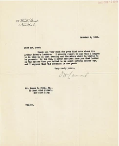 1919 LETTER SIGNED by U.S. Banker THOMAS W. LAMONT - senior partner J.P. MORGAN - Picture 1 of 1