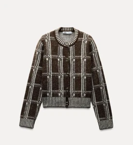 BNWT: CHECKED KNIT CARDIGAN from ZARA: Colour: BROWN: Size : LARGE - Picture 1 of 6