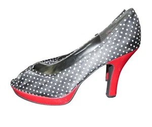STEVE MADDEN Lexus Black & White Polka Dot Red Heels Retro Chic Peep Toe Heels - Picture 1 of 12
