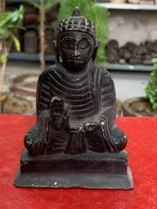 Antique Hand Carved Black Marble Jainism Lord Buddha Sitting Statue Figurine - Picture 1 of 11