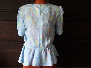 VTG 80s 90s Judy Bond Blue Sheer Peplum Fitted Blouse Button Office Top Sz M - Picture 1 of 7