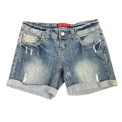 Pantalones Cortos Denim Rojo Remache 5 Bolsillos Desgastados Puños Elastizados Talla 3 Bling Botón Foto 1 de 4