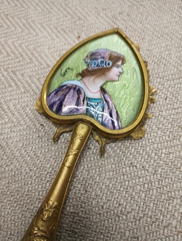 Vintage 19th century Handheld French Enamel Bronze Mirror 7inches, signed Cover