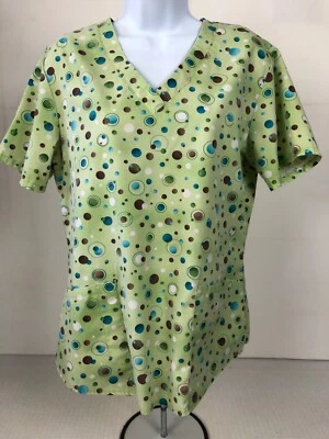 Barco Juniors Women Scrub Top Size S Green w Circles Pockets V neck Short Sleeve - Image 1 of 4