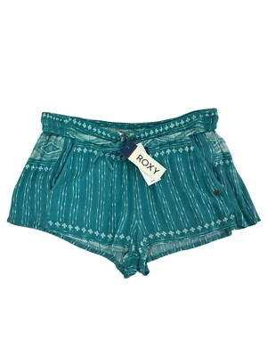 ROXY Pony Tail Shorts Sz L Teal White Tribal Aztec Printed Cinch Waist Viscose - Image 1 of 4