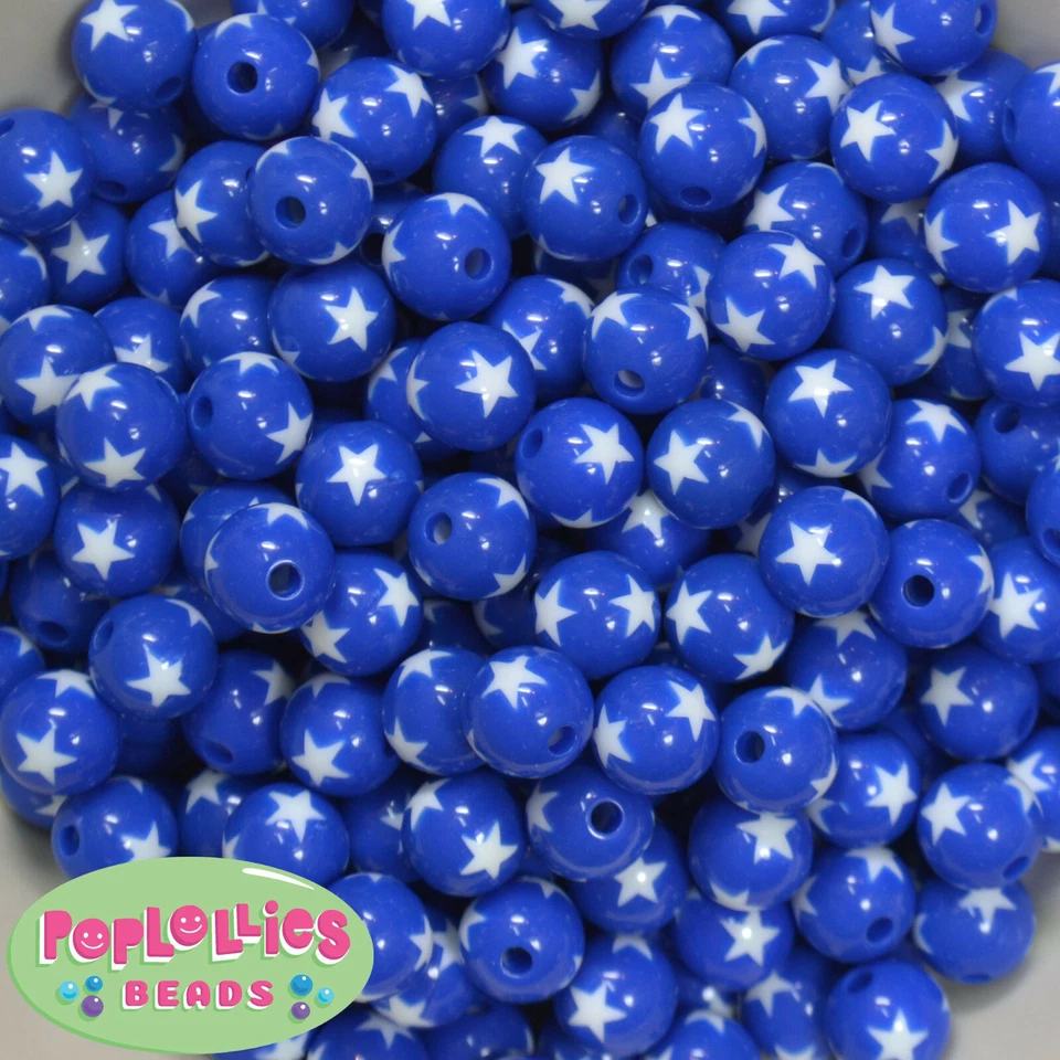 12mm Royal Blue and White Star Resin Bubblegum Beads Lot 40 pc. chunky gumball - Image 1 of 1