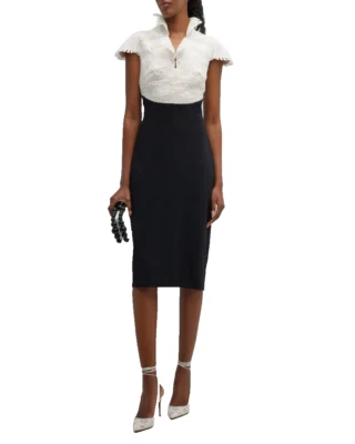 Tadashi Shoji Black Ivory Two-Tone Lace Crepe Sheath Midi Dress Size 10 $468 - Image 1 of 4