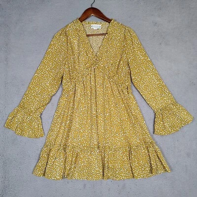 Loveriche Mini Dress Women's Small Mustard Dotted Lined Ruffle Bell Sleeve Boho - Image 1 of 4