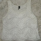 Top Shop Women 6 Sheer Sleeveless Fully Sequin Beaded Cropped Top Cream Floral