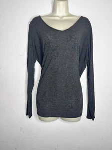 DNKY Jeans Gray With Black Rhinestones Womans V Neck Long Sleeve Top Sz 2x - Picture 1 of 3