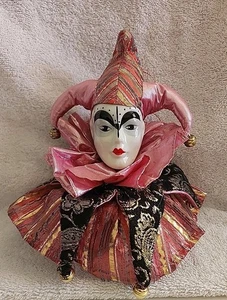 Venezianische Harlekin Narr Porzellan Puppe Ornament rosa gold schwarz maskiert - Bild 1 von 7