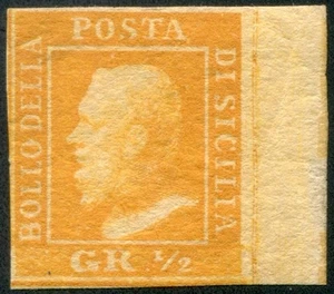 1859 Sizilien 1/2 Korn dunkelorange Vollblattrand Zert. Kleber * - Bild 1 von 2