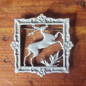 Vintage Lang Sterling Silver Framed Deer Stag Pin Back Brooch Floral Details - Picture 1 of 4