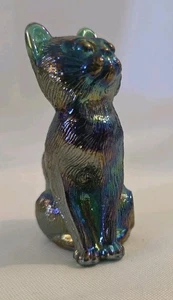 Vintage MOSSER Dark Oil Slick Iridescent Art Glass Sitting Cat Figurine - Picture 1 of 19