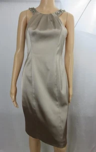 David Meister Satin Evening Dress Beige Beaded/Sequin/Pearl Shoulder Straps SZ 4 - Picture 1 of 7
