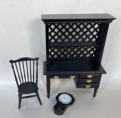 Dollhouse Miniature Black Wood Desk with Painted Chrysnbon Chair Clock 1:12 - Image 1 of 4