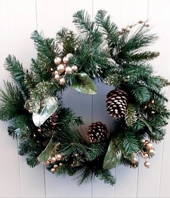 24" Pre Lit Artificial Christmas Wreath LED Lights & Timer Battery Operated Gold - Image 1 of 4