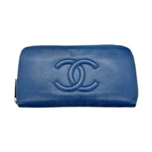 CHANEL Zipper Long Wallet Caviar Skin Leather CC Logo Coco Mark Blue Women - Picture 1 of 24