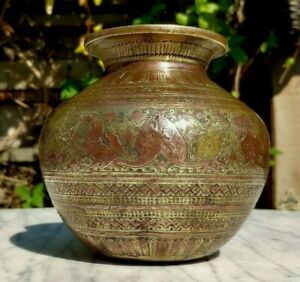 18th Century Indian Brass & Copper Ganga Jamuna Lota Antique Holy Water Pot Vase