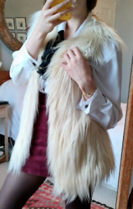 Topshop Long Fluffy Faux Fur Waistcoat Gilet Vest y2k rocker size 10 white beige