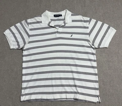 Nautica Polo Shirt Mens Large White Black Striped Cotton Short Sleeve Classic - Image 1 of 4