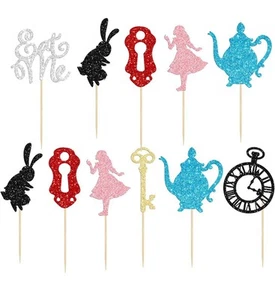 28 Alice In Wonderland Glitter Cupcake Toppers Birthday Baby Shower Tea Party - Picture 1 of 5