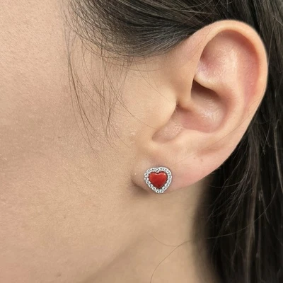Orecchini Da Donna Cuore In Corallo Rosso: Argento 925 Con Zirconi - Immagine 1 di 4