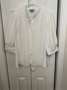 CeCe Women's 3/4-Sleeve Collared Button Down Blouse Ivory Large NWT - Picture 1 of 8