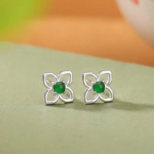 F02 Orecchini Fiore Piccolo Fiore con Verde Giada Argento Sterling 925 Orecchini - Foto 1 di 2