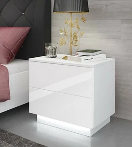 Nachttisch LED Nachtkommode Hochglanz Nachtschrank Beleuchtung weiß schwarz - Bild 1 von 5