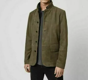 Abrigo clásico elegante de piel de oveja 100 % suave de gamuza verde más vendido para hombre - Imagen 1 de 6