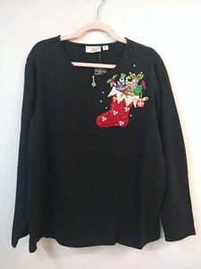 Cárdigan negro Quacker Factory nuevo sin etiquetas WM XL cremallera frontal apliques de medias de Navidad - Imagen 1 de 5