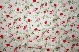 SMALL RED, WHITE AND PINK FLOWERS ON TAN - 100% COTTON FABRIC - Picture 1 of 4