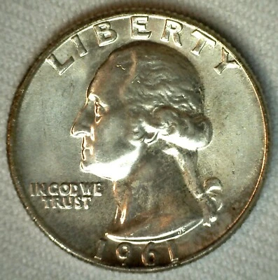 1961 D Washington Silver Quarter Uncirculated US 25c Coin Denver Minted  - Image 1 of 2