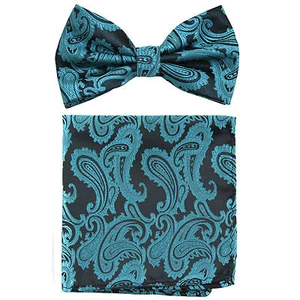 New formal Men's micro fiber Pre-tied Bow Tie & Hankie black teal green paisley  - Picture 1 of 4