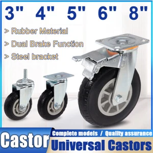 Swivel & Fixed Rubber Castor Wheel Trolley Universal Castors With Brake 75-200mm - Picture 1 of 15