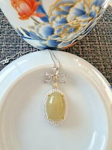 Natural 8ct Honey Yellow Jadeite Jade (Type A) 925 Silver Pendant with Chain - Picture 1 of 12