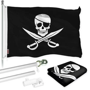 Flag Pole 6FT Silver & Pirate Jolly Roger Swords Flag 3x5FT 150D Printed - Picture 1 of 9