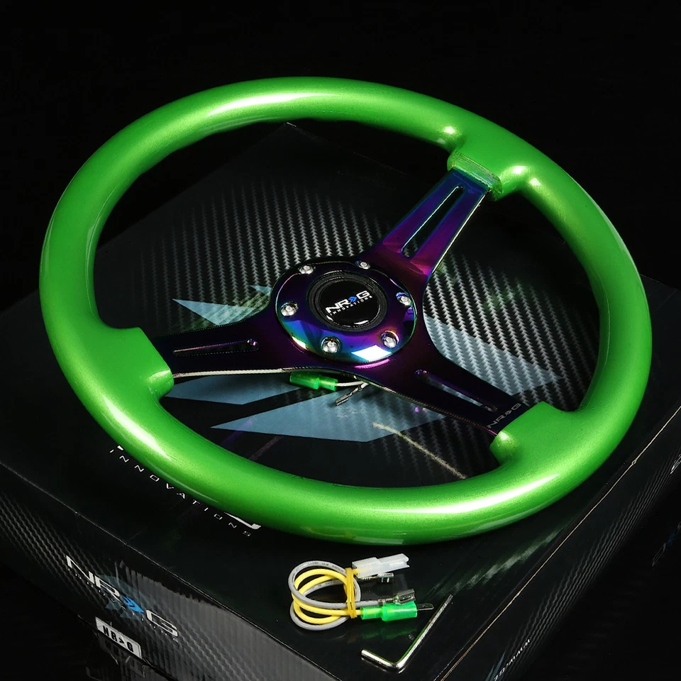 NRG 350MM 2"DEEP DISH STYLE 6-HOLES STEERING WHEEL GREEN WOOD GRIP IRIDINE SPOKE - Image 1 of 1