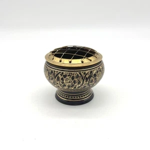 Vintage Brass Incense Burner Holder Bowl Etched Floral Design Boho Home Decor - Picture 1 of 8
