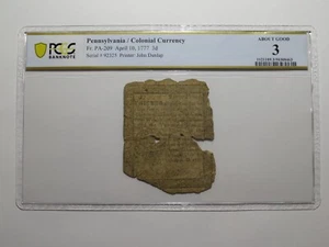 1777 Three Pence Pennsylvania PA Colonial Currency Bank Note Bill RARE PCGS AG3 - Bild 1 von 4