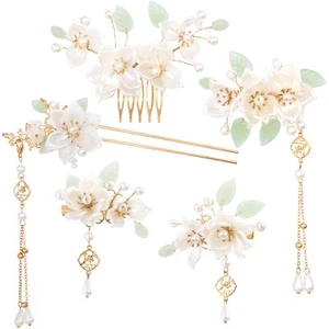5PCS Camellia Flower Tassels Hairpin, Crystal Rhinestone Pearl Hair Clips - Picture 1 of 7