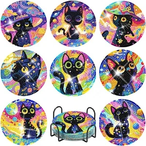 8 PZ Kit Sottobicchieri Arte Gatto Nero Diamante per Adulti, Carino Gatto Diamante Pittura - Foto 1 di 7